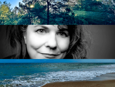 a woman with a dog on the beach