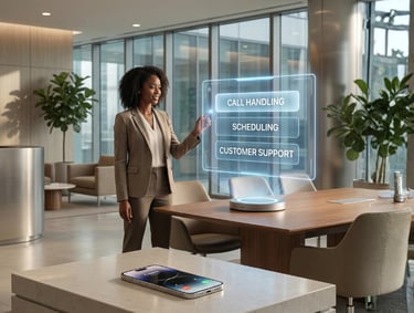 Woman in office pointing to a holograph that says "Call handling, Scheduling, Customer Support"