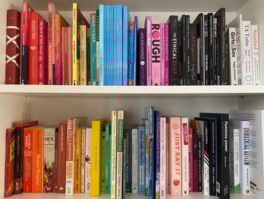 Munjeeta's bookshelf showing an array of sex and relationship related books arranged by colour.