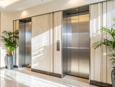 bay of 2 elevators in an elegent building lobby