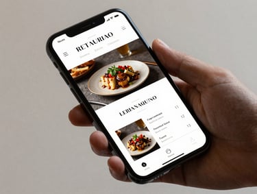 Clean studio lighting, tight close-up of a modern mobile device in hand displaying a custom, elegant restaurant website.