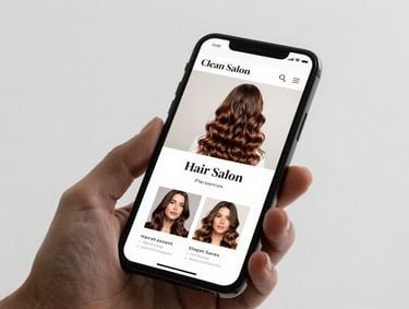 Clean studio lighting, tight close-up of a modern mobile device in hand displaying a bright, professional hair salon website template.