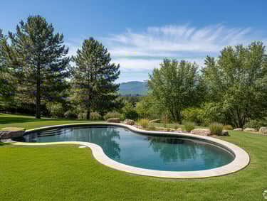 Photograph of a freeform natural pool integrated into a lush green garden landscape.