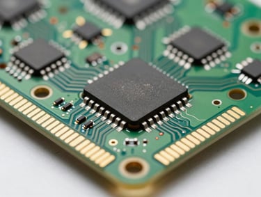 Close-up of a high-tech green printed circuit board with gold-plated contacts and microchips, clean crisp lighting