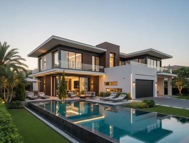 Luxurious villa with a large swimming pool and modern architecture.