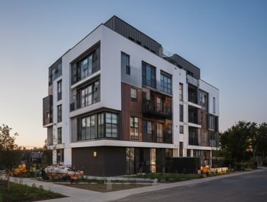 Modern multi-story apartment complex with contemporary architecture.