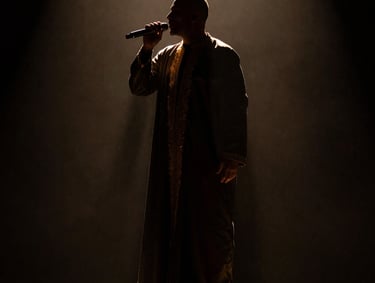 A professional performance photograph of a North African singer in a silhouette, illuminated by a warm golden rim light. The atmosphere is intimate and refined, set against a dark, minimalist stage.