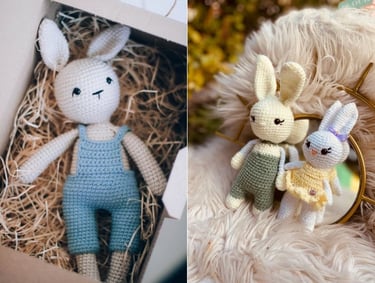Conejos amigurumi tejidos a crochet hechos a mano, con overoles y vestidos, ideales para regalos