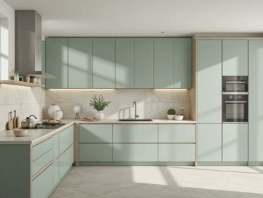 cocina moderna en verde salvia con azulejos cerámicos de acabado mate