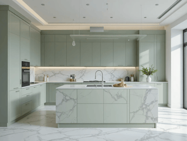 cocina moderna en verde salvia con encimera de mármol claro