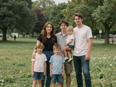 A candid, heartwarming photograph of a young family in a Burlington park, natural poses, soft lighting, showcasing a human connection and a reassuring mood in a North American / Canadian landscape.