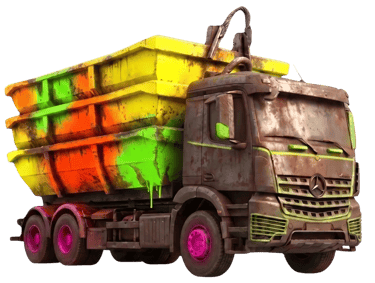 Location de benne 8m3 à Bordeaux, camion avec triple benne empilée style graffiti.