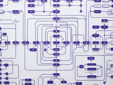 Macro close-up of a structured UI component state diagram, perfectly aligned orthographic view, crisp studio lighting, bright white and royal purple accents, sharp macro lens.