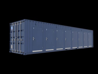 Blue multi-door self-storage shipping container with numbered units on a black background.