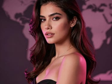 A premium adult studio scene with soft neon pink lighting casting a sophisticated glow on a gorgeous model, seductive atmosphere, luxury dark-themed background, Latin American / Global setting.
