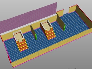 A 3D architectural floor plan visualization showing room layouts with blue tiling and wooden stairs.