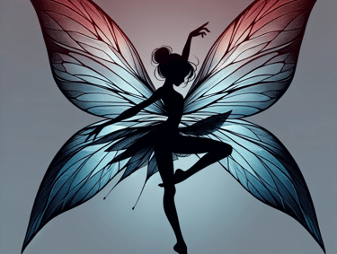 Illustration of a fairy with large, detailed wings, silhouetted against a gradient background th