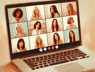 a group of women connect over a video conference indicating group coaching