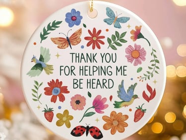 a ceramic ornament with a thank card attached to it