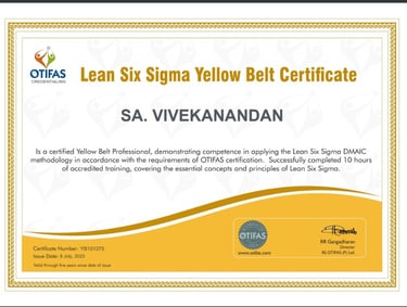 Six Sigma Yellow belt Holder Mr. Vivekanandan