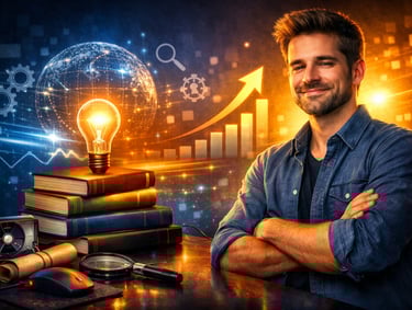 Empreendedor digital sorridente com lâmpada acesa, gráfico de crescimento de negócios