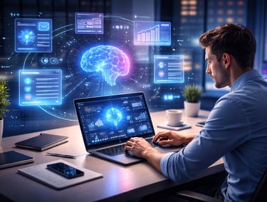 Homem profissional usando um laptop com um cérebro humano digital brilhante e uma interface