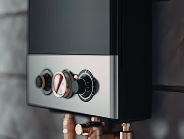 Modern tankless electric water heater with adjustable temperature control knobs and pressure gauge.