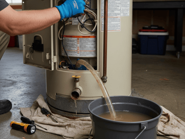 A technician draining a residential water heater into a bucket during routine maintenance and repair.