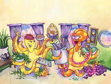 Illustrations from The Octopus's Holiday by New Orleans artist Melissa Vandiver.