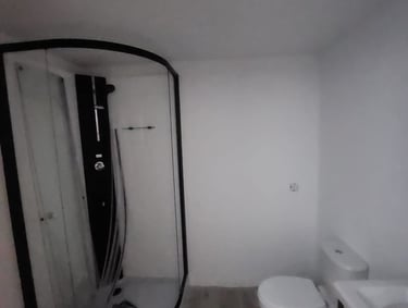 a bathroom with a large mirror and a toilet