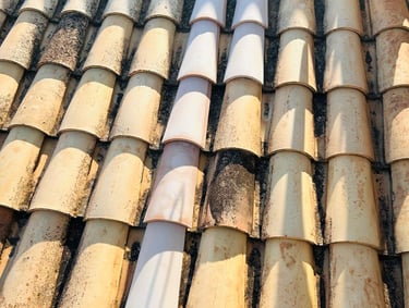 Professional roof restoration showing clean terracotta clay tiles vs weathered dirty tiles.