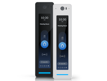Touchless Pro Readers in black and white finishes, featuring touch screen display, PIN access, and modern access control