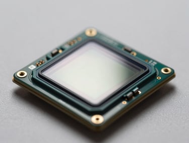 A technical macro close-up of a digital camera sensor with light reflecting off its surface, showcasing high-tech precision. The background is a clean slate gray, emphasizing a modern tech aesthetic.