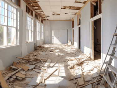 Sala após demolição de forro e paredes, com grande quantidade de entulho e resíduos de construção no chão, precisando de remo