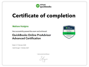 Hodgins Bookkeeping Advanced QuickBooks Online ProAdvisor Certificate Mathew Hodgins