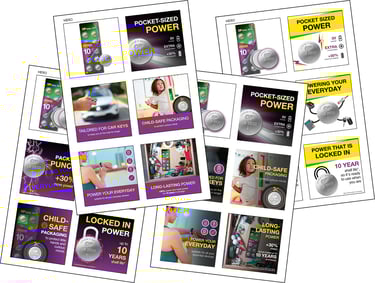 Snippets of 4 different sets of PDP imagery for GP CR2032 batteries listing key selling points, from serious to fun graphics