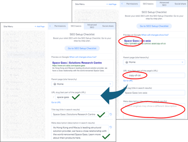 Screenshots of old and new SRC's SEO settings for Space Gass page