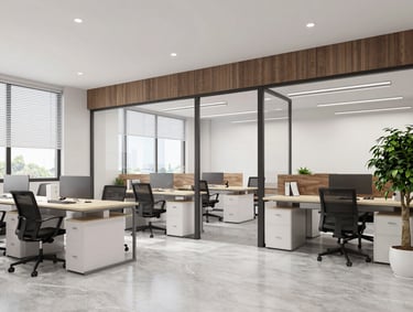 Modern open-plan office space with sleek wood furnishings and ambient lighting.