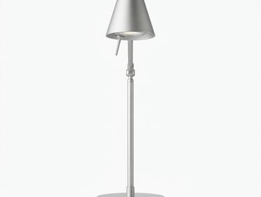 Straight-on product portrait of a minimalist aluminum desk lamp on a pure white background, soft natural daylight, 50mm