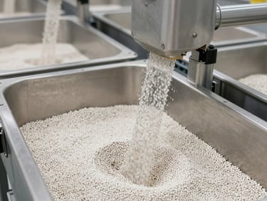 A clean, professional photograph showing high-quality white-label cat litter packaging and industrial bags of bentonite for ground wells, arranged neatly in a modern South American / Peruvian retail warehouse. The scene is well-lit with steel blue and crimson red accents on the packaging designs.