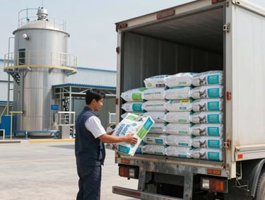 A clean, professional photograph showing high-quality white-label cat litter packaging and industrial bags of bentonite for ground wells, arranged neatly in a modern South American / Peruvian retail warehouse. The scene is well-lit with steel blue and crimson red accents on the packaging designs.