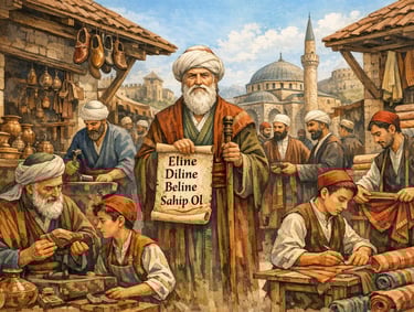 "Osmanlı döneminde Ahi Evran ve esnaf lonca sistemini gösteren tarihi çizim"