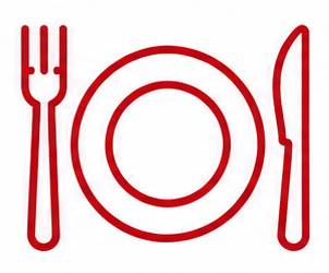 Icono rojo que representa un plato llano con un tenedor y un cuchillo sobre un fondo blanco.