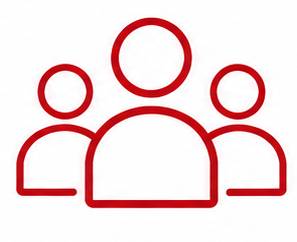 Icono de contorno rojo que representa a tres personas, un equipo o grupo comunitario