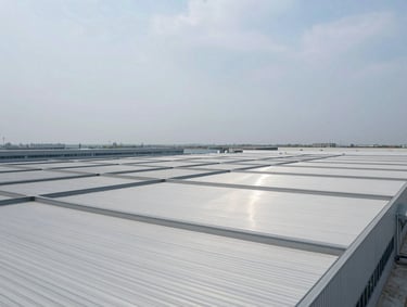 Extreme wide-angle architectural shot of a massive distribution center roof, modern clean lines, metallic structures reflecting cool overcast daylight