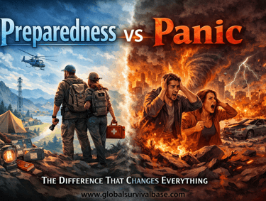 A split image contrasting emergency preparedness with survival gear against chaotic disaster panic.