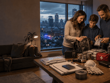 A family packs an emergency survival kit and first aid supplies in a city apartment at night.