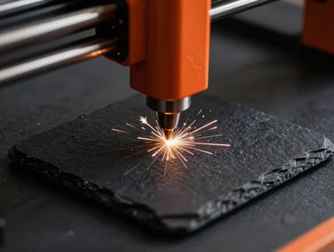 Tight macro shot of a laser engraving machine etching precision lines into a dark slate coaster, bright sparks flying, high-contrast workshop light, shallow depth of field.