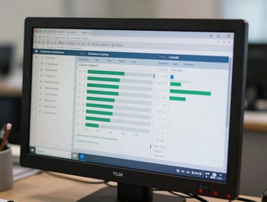 Close-up shot of a rugged industrial monitor displaying a trilingual customs clearance dashboard with charts and tables, clean office lighting.