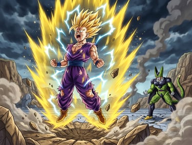 Gohan se transforma em Super Saiyajin 2, com uma aura dourada e raios azuis, ao enfrentar o Cell Per